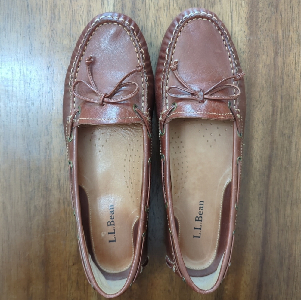 L.L. Bean Loafers Leather Slide-On Brown with Leather Tie Women's size 7.5